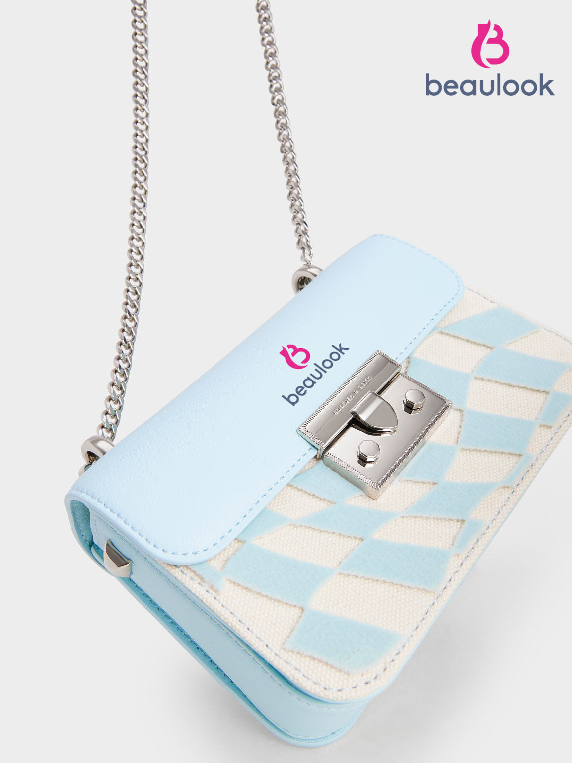 BEAULOOK™- Metallic Push-Lock Checkered Chain Bag - Light Blue
